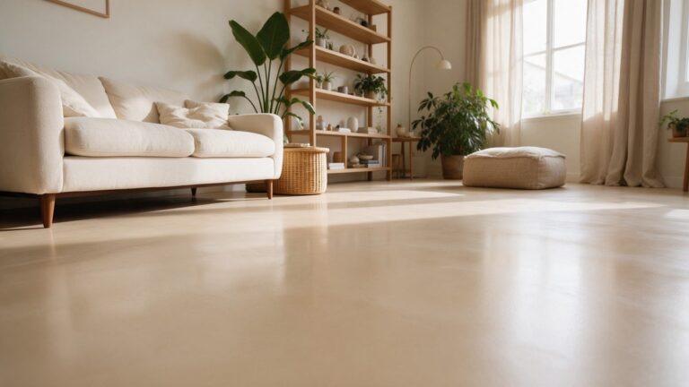 Beige gietvloer in een lichte woonkamer met houten meubels