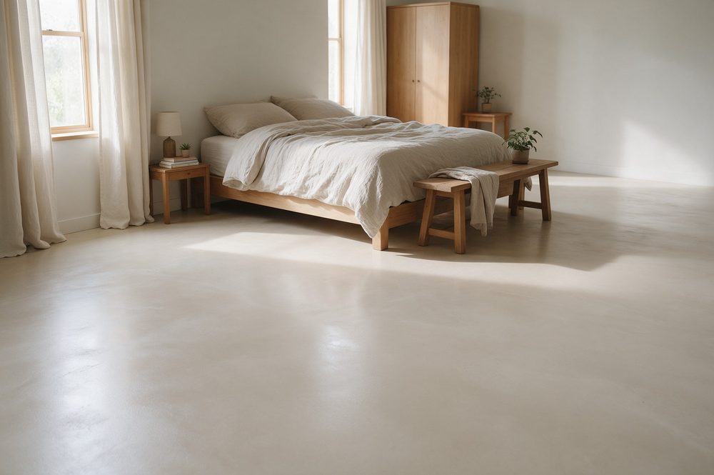 Matte beige gietvloer met een wollen vloerkleed en rotan stoel