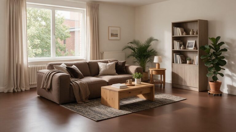 Bruine gietvloer in een woonkamer met een bruine bank, houten meubels en planten