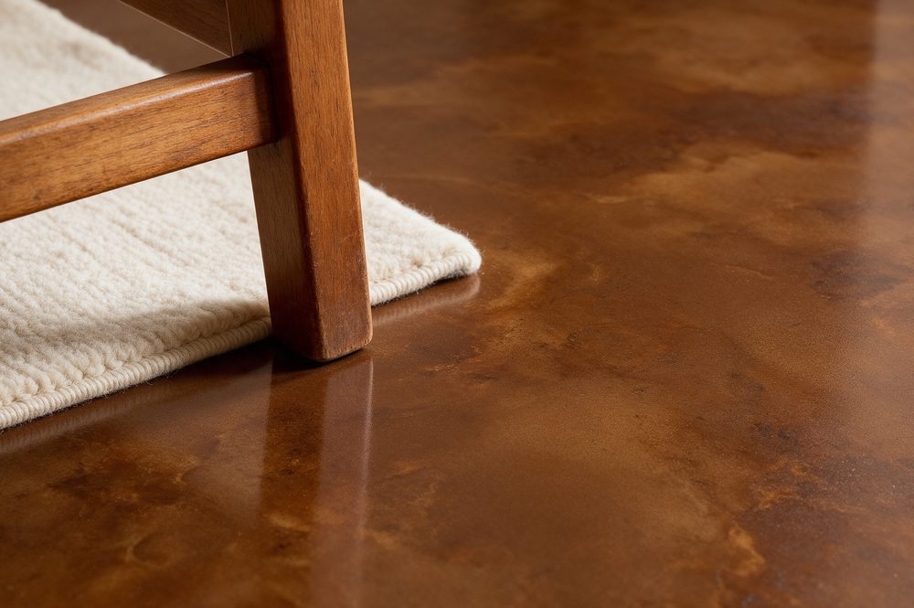 Close-up van een glanzende bruine gietvloer met een houten stoelpoot en een wollen kleed