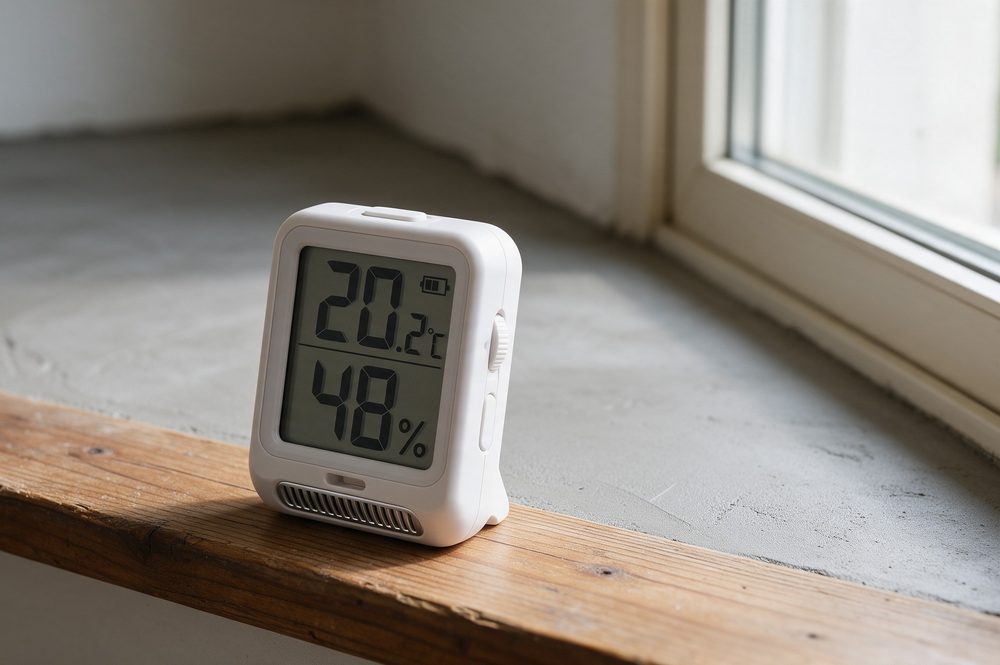 Vakman controleert de droogtijd PU gietvloer tussen twee lagen