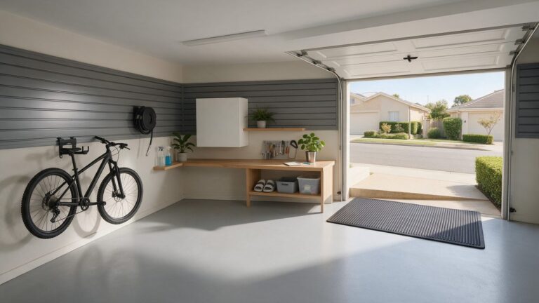 Lichtgrijze gietvloer in een nette garage met een fiets aan de wand
