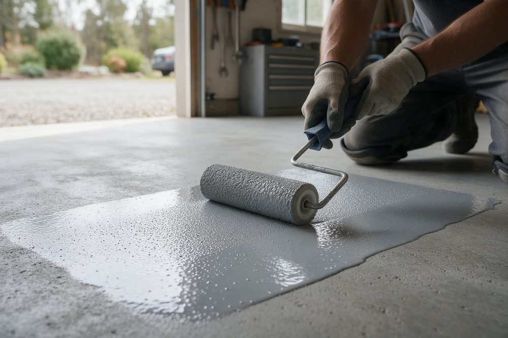 Antislipkorrels in de grijze toplaag tellen mee in de gietvloer garage prijs