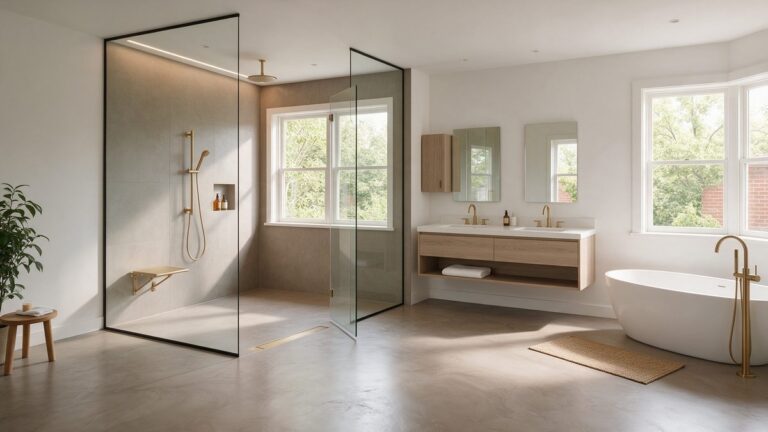 Gietvloer per m2 badkamer in een moderne badkamer met inloopdouche