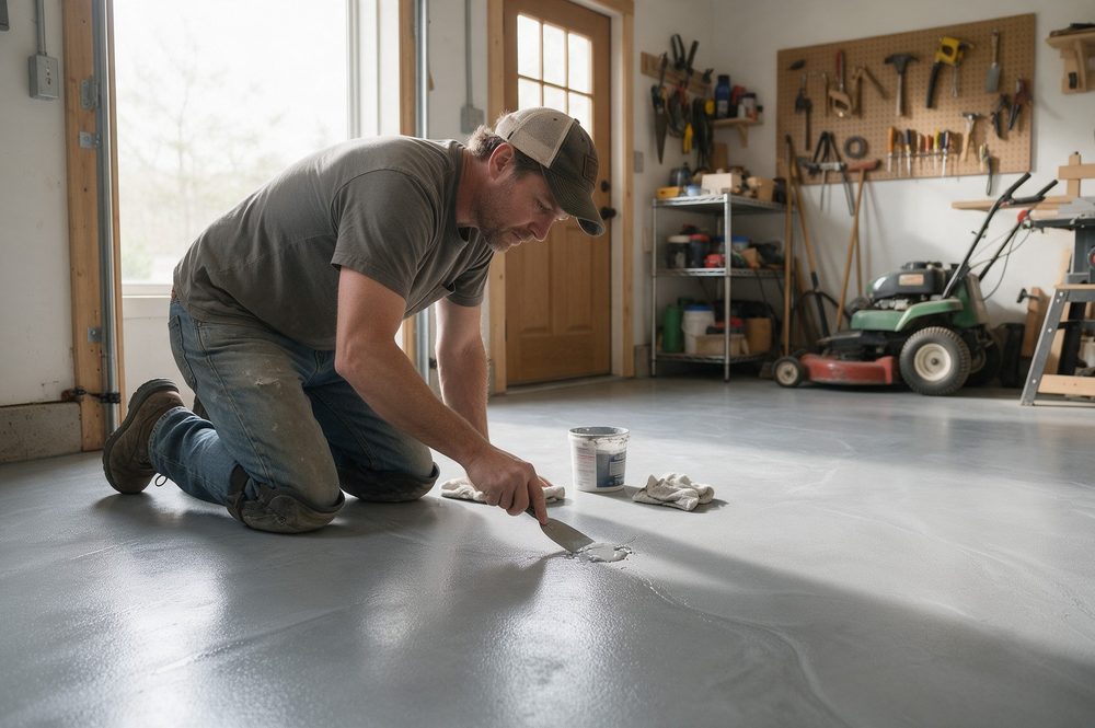 Vakman schuurt een scheur open, gietvloer reparatie kosten per type schade