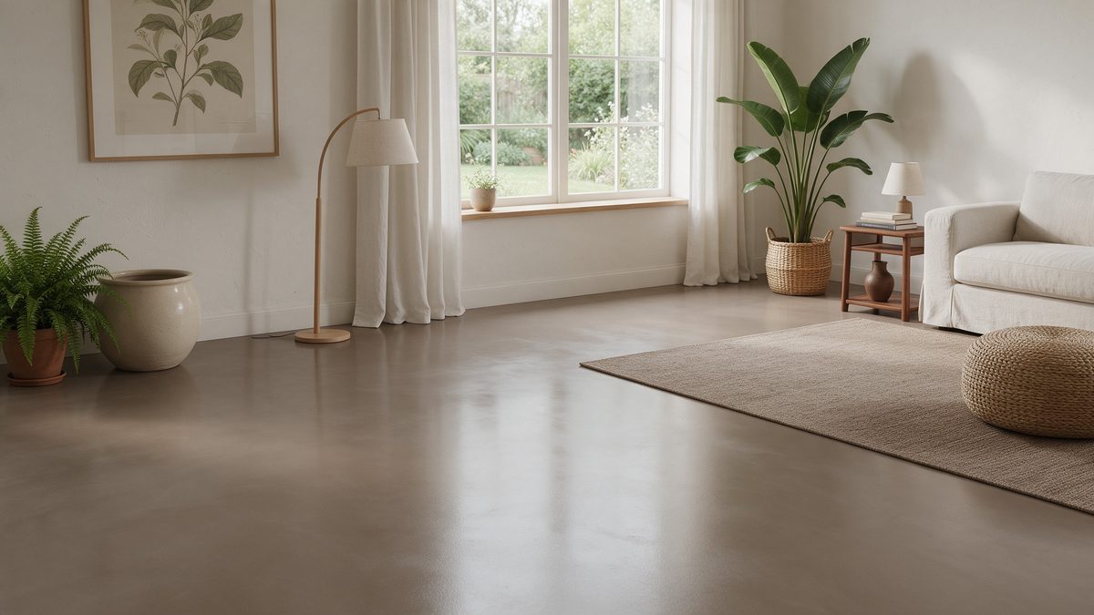 Woonkamer met gietvloer taupe en gebroken witte wanden