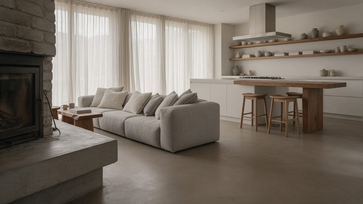 Woonkamer met een naadloze warmgrijze gietvloer die doorloopt in de open keuken