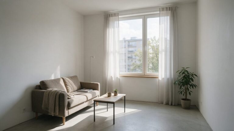 Goedkope gietvloer in een neutrale grijstint in de woonkamer