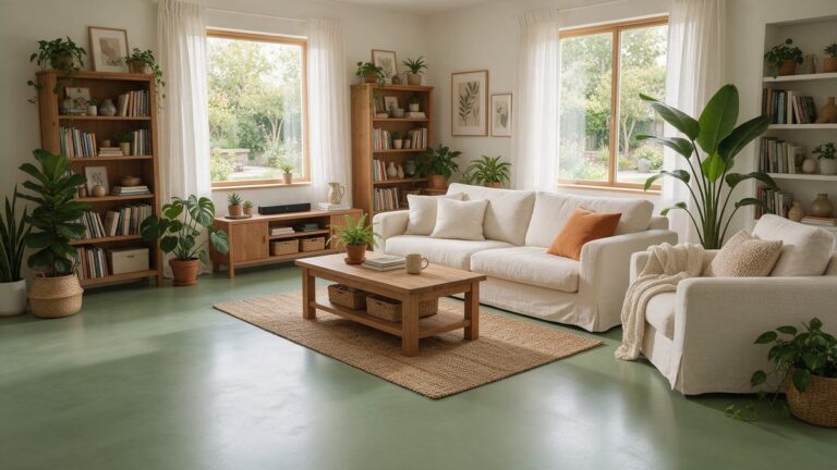 Groene gietvloer in saliegroen in een woonkamer met planten