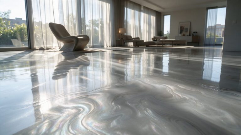 Metallic gietvloer met zilveren glans in een strak ingerichte woonkamer