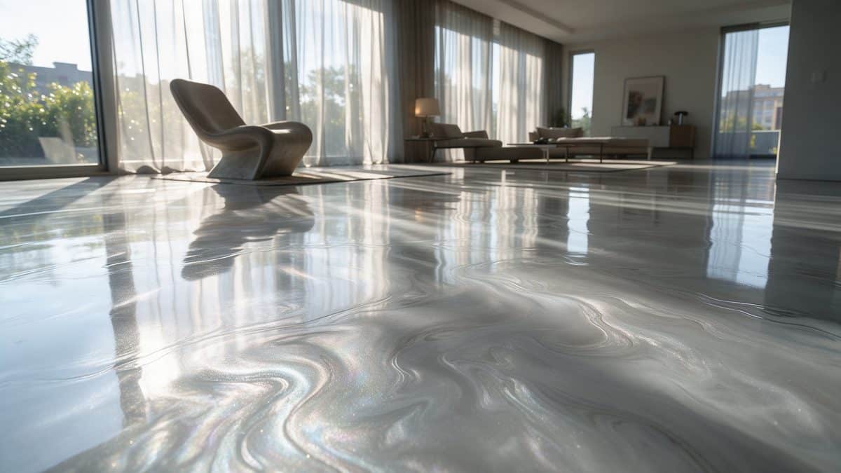 Metallic gietvloer met zilveren glans in een strak ingerichte woonkamer