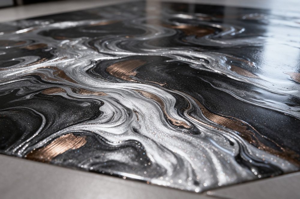 Close-up van het wervelende patroon in een metallic gietvloer