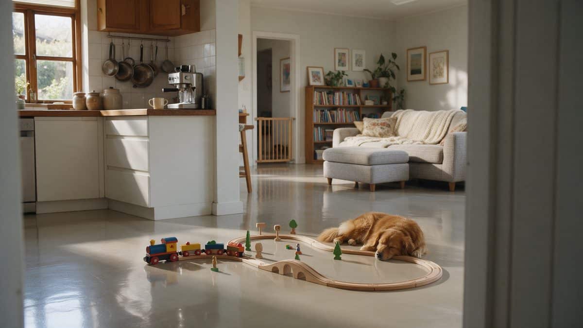 Gezinswoning met speelgoed en een hond op een PU gietvloer die geschikt is voor woningen