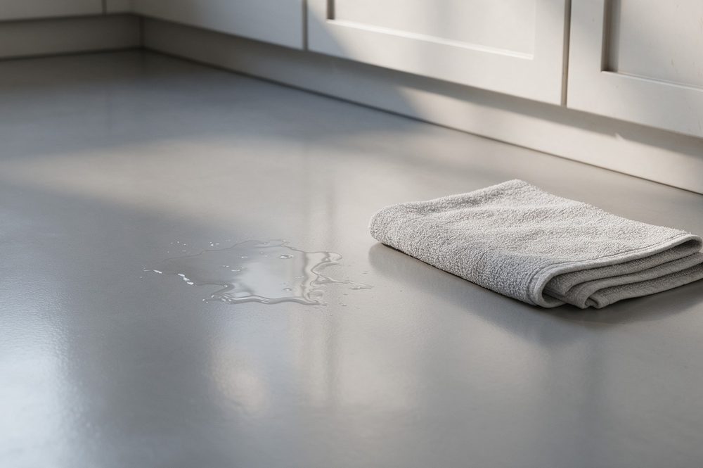Lichte PU gietvloer keuken die doorloopt naar de woonkamer