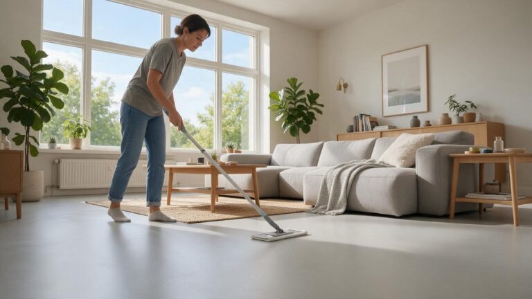 pu gietvloer schoonmaken met een microvezelmop