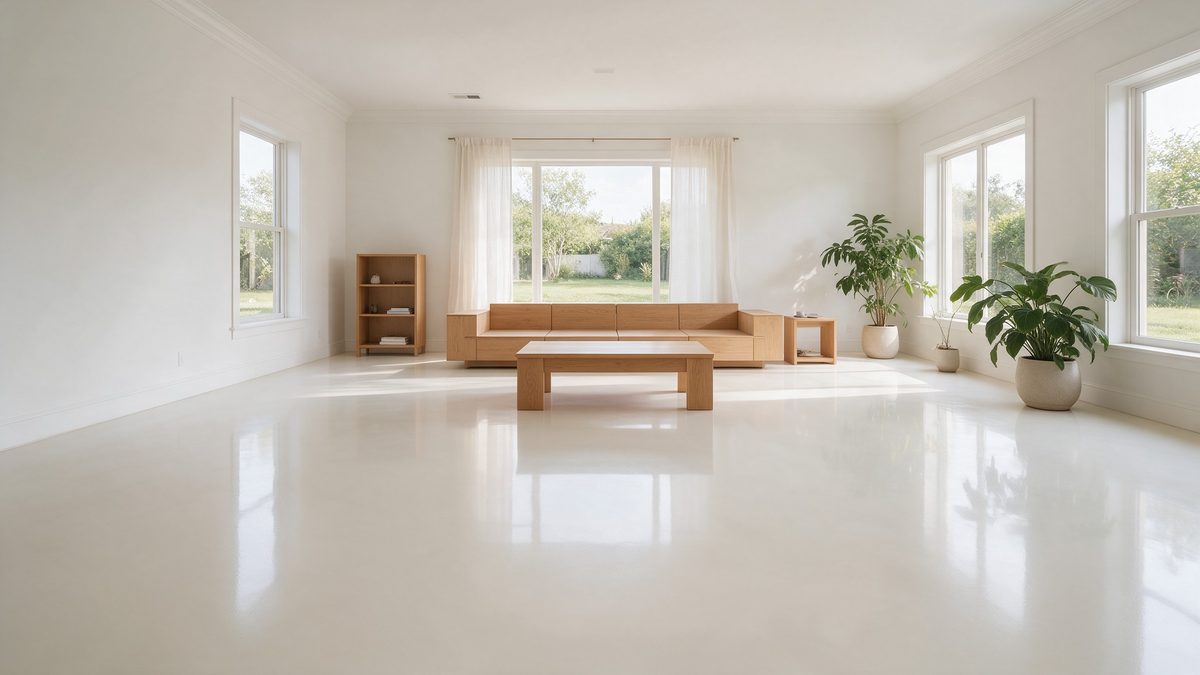 Lichte woonkamer met een witte gietvloer en eikenhouten meubels