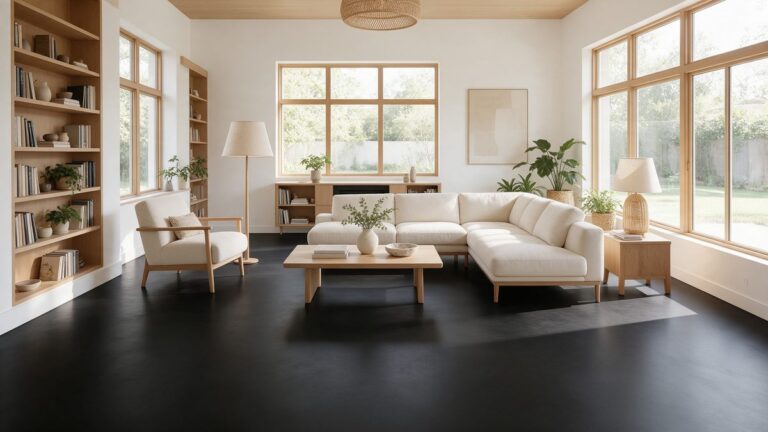 zwarte gietvloer in een minimalistische woonkamer met witte wanden